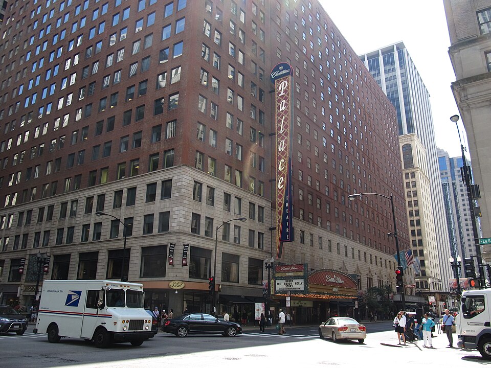 The Cadillac Palace Theatre marquee on Randolph Street in the Loop