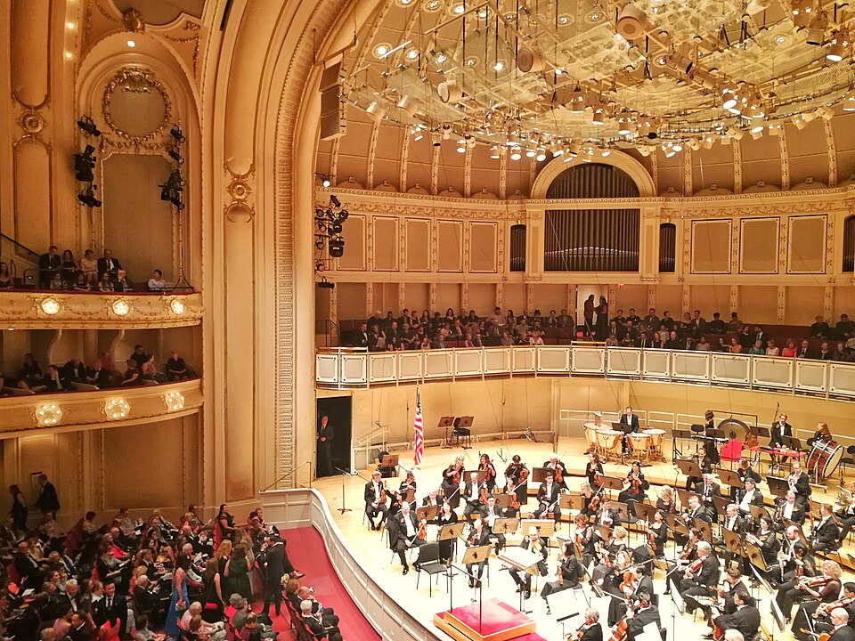 The ornate interior of Orchestra Hall at Symphony Center during a concert