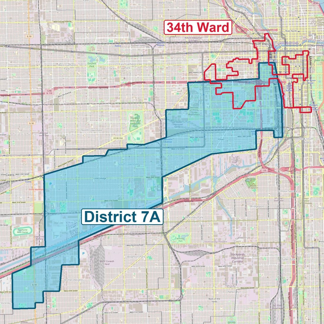 Map of Chicago School Board District 7A, shaded blue, with the 34th Ward outlined in red